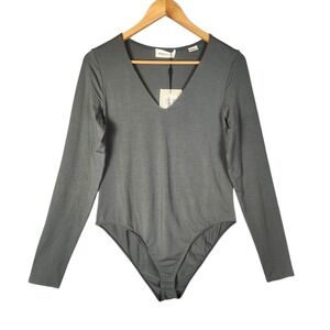 Marcella Elisse Bodysuit XL Slate Grey Long Sleeve V-Neck Minimalist NWT